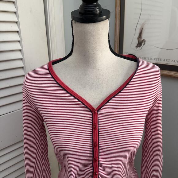 clothes Shirt Womens Medium Red White Striped Button Front V-Neck Retro Preppy - Picture 4 of 12